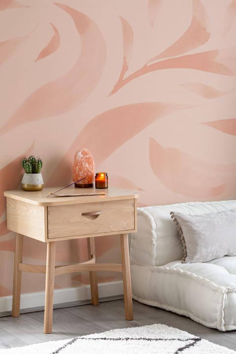 Pink Watercolor Floating Leaves Mural
