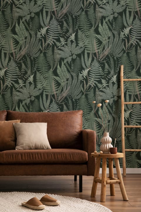 Mörkgrön Vintage Fern Illustrations Repeat Pattern Wallpaper