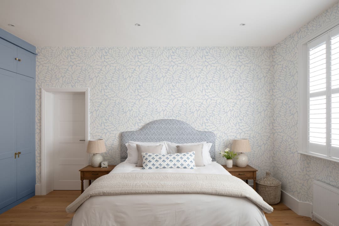 Sky Blue and Cream Abstract Botanical Repeat Pattern Wallpaper