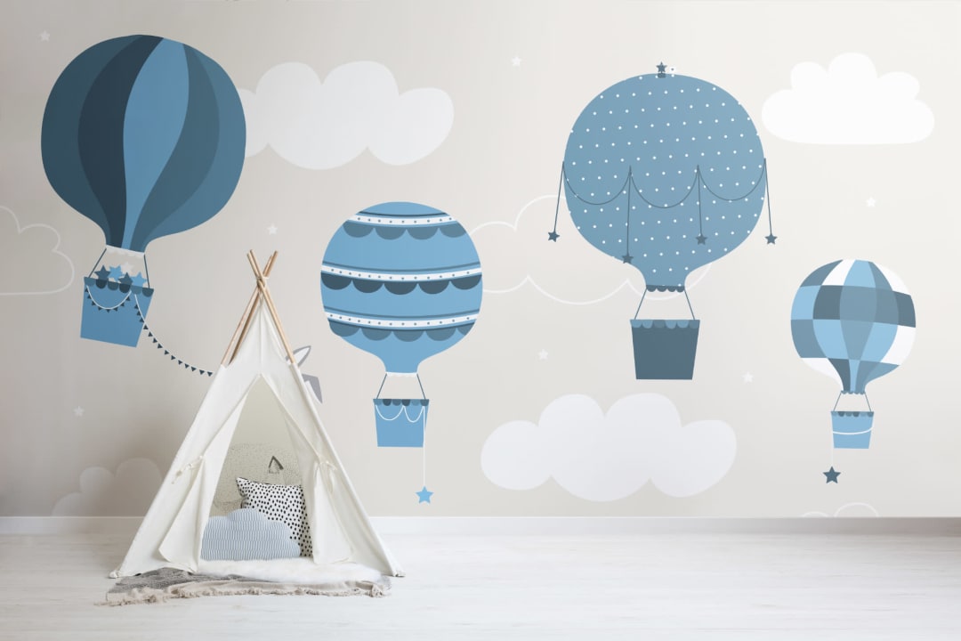 Kids Blue Bunny & Balloons Wallpaper Mural