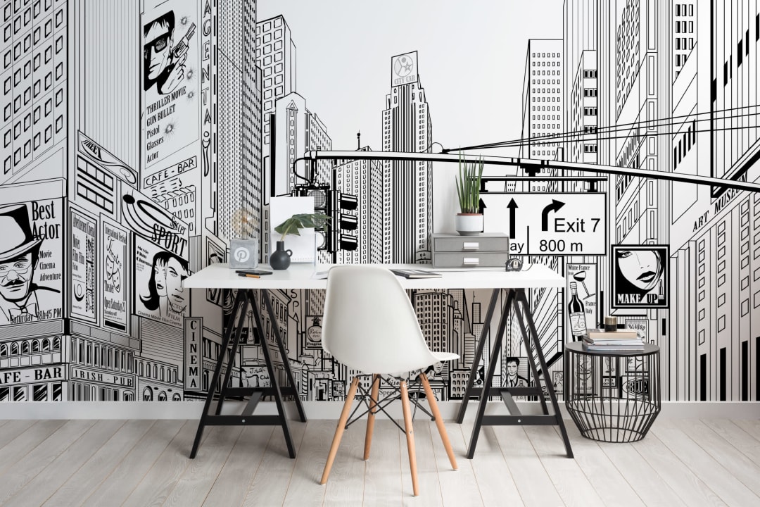 Sort-hvid illustreret NYC-tapetmaleri