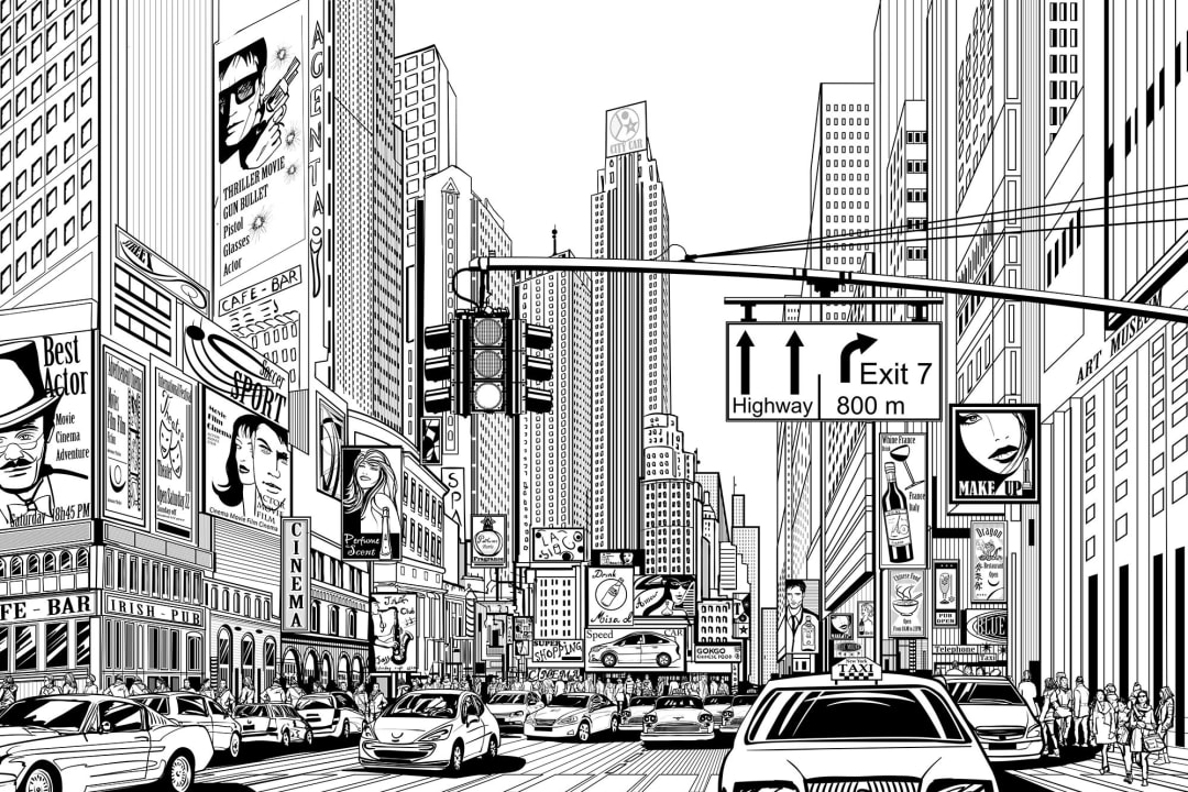 Sort-hvid illustreret NYC-tapetmaleri