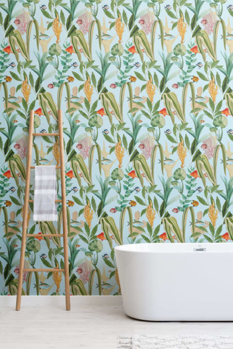 Blue Fish & Plants Coastal Wallpaper