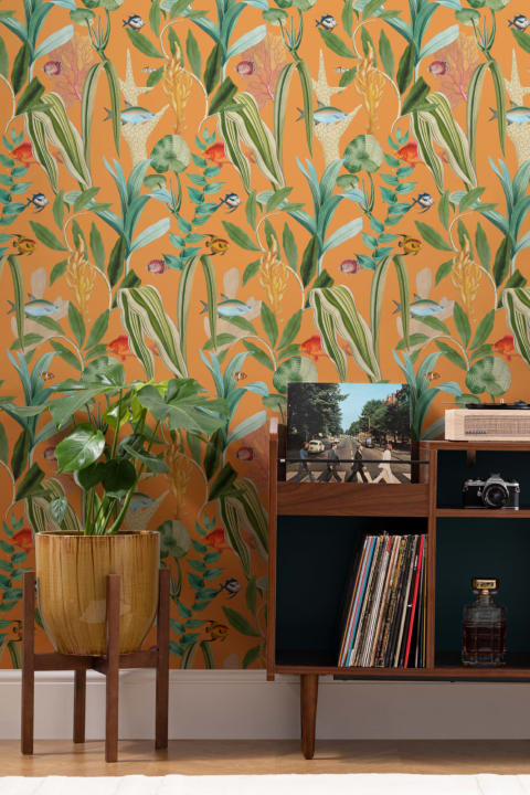 Orange Fish & Plants Coastal Wallpaper