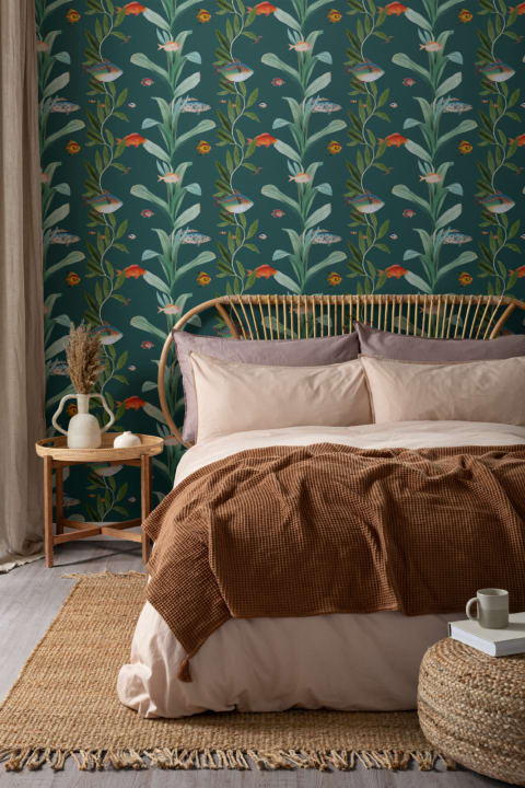 Teal Fish & Seaweed Coastal Wallpaper