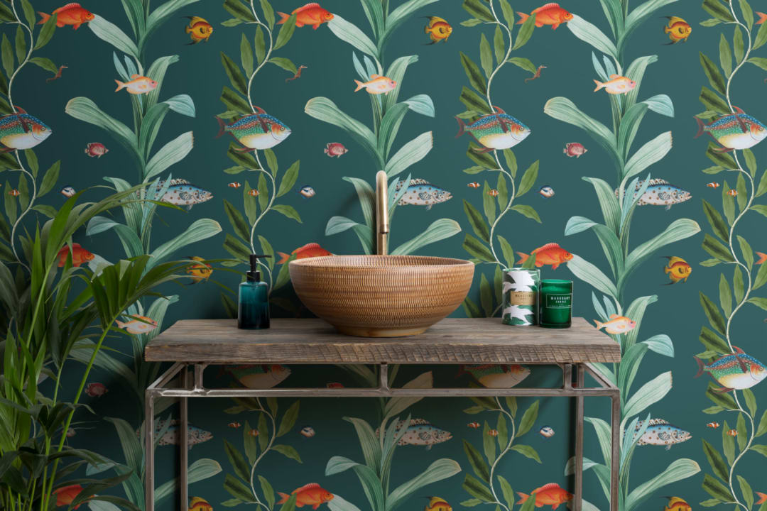 Teal Fish & Seaweed Coastal Wallpaper