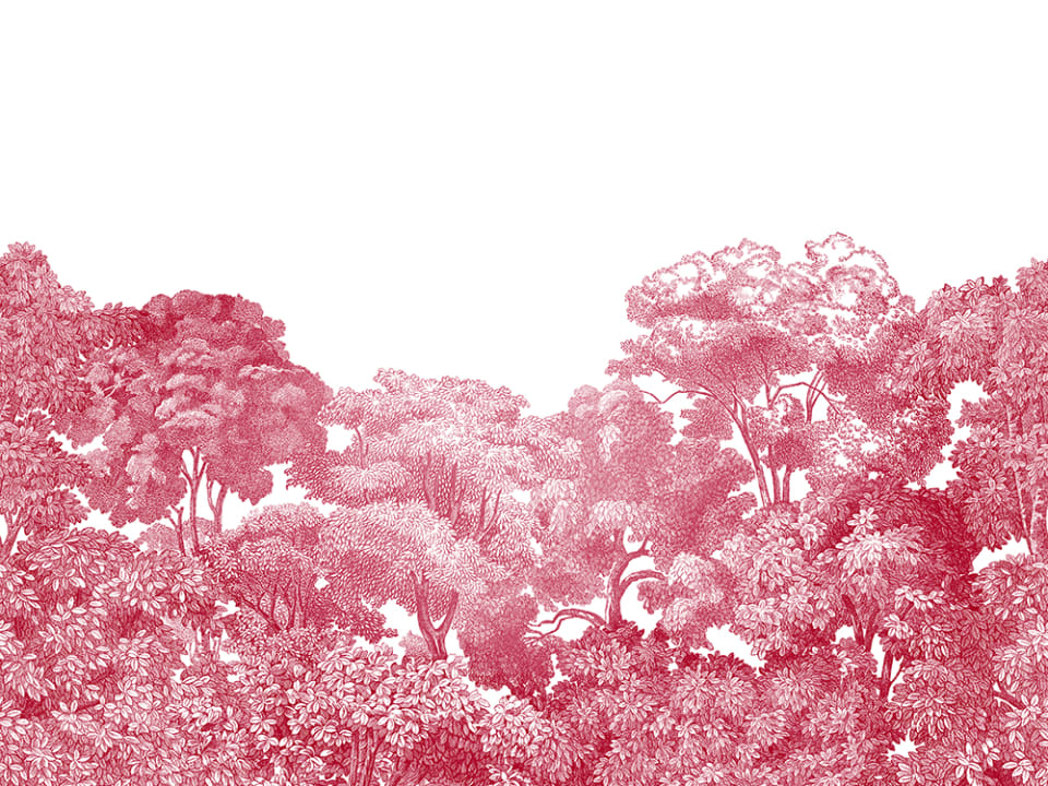 Red wallpaper with trees