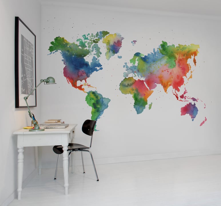 Wereldkaart in vele kleuren.