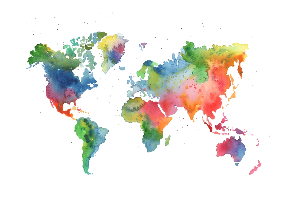 Wereldkaart in vele kleuren.