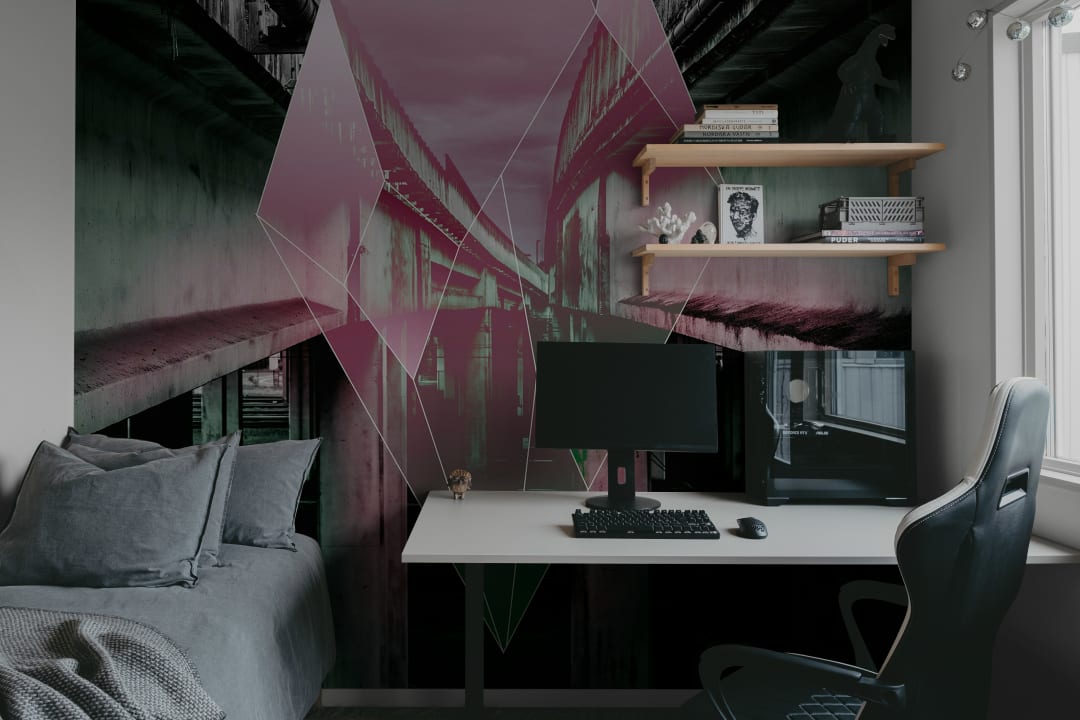 A futuristic wall mural with a glowing, floating diamond