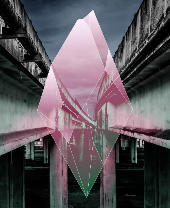 Een futuristisch behang met een gloeiende, zwevende diamant