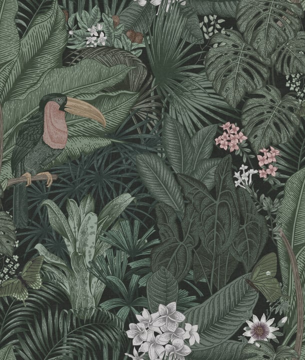 Papier peint au motif tropical et ses toucans