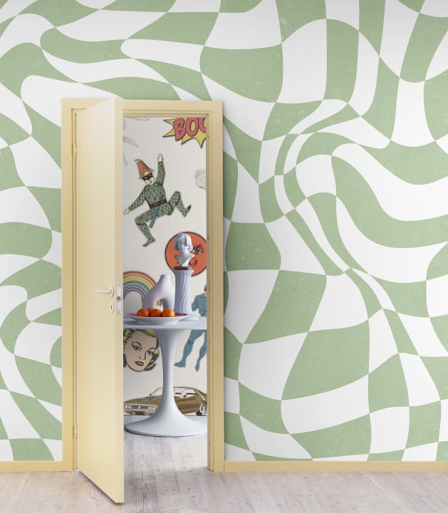 Green checkered maximalist wallpaper