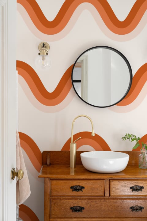 Terracotta Orange 70's Retro Waves Repeat Pattern Wallpaper