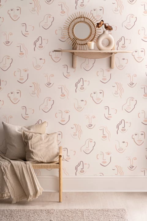 Abstract Faces Neutral Boho Repeat Pattern Wallpaper
