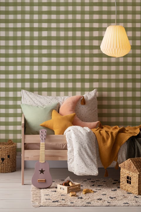 Mørkegrønn akvarell gingham tapet