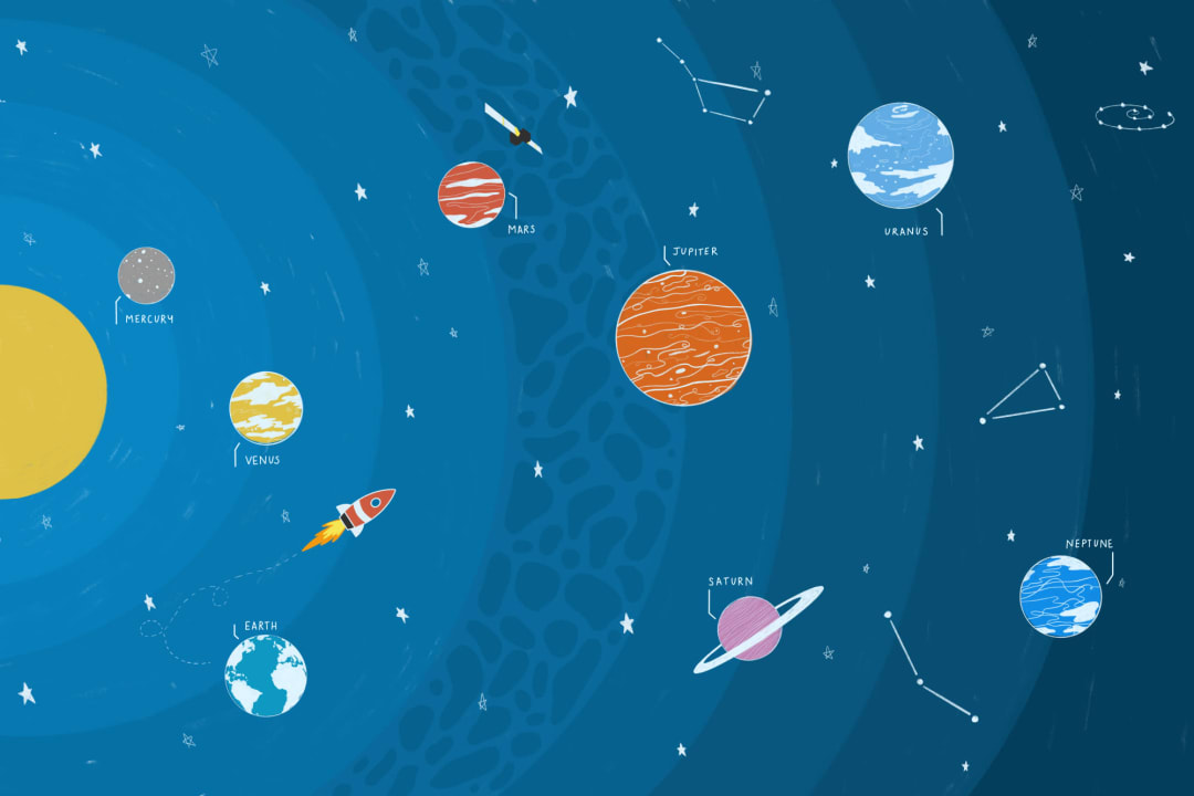 Blue Educational Space Planets & Rocket Wallpaper Mural