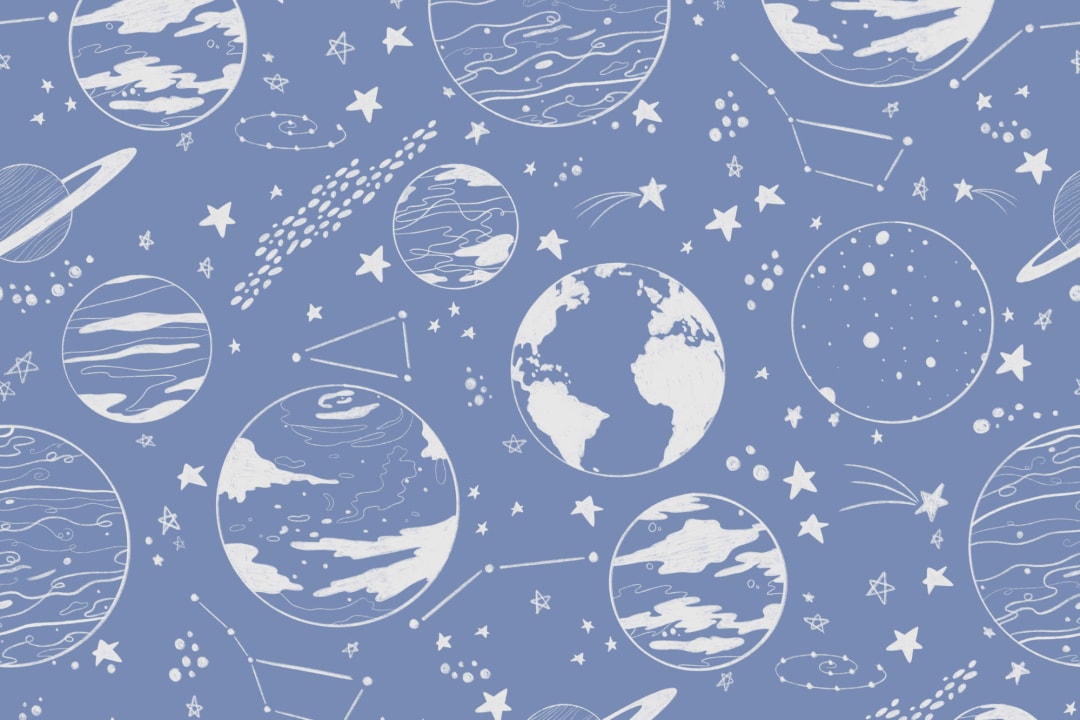 Blue Planets & Stars Illustrated Pattern Wallpaper Mural