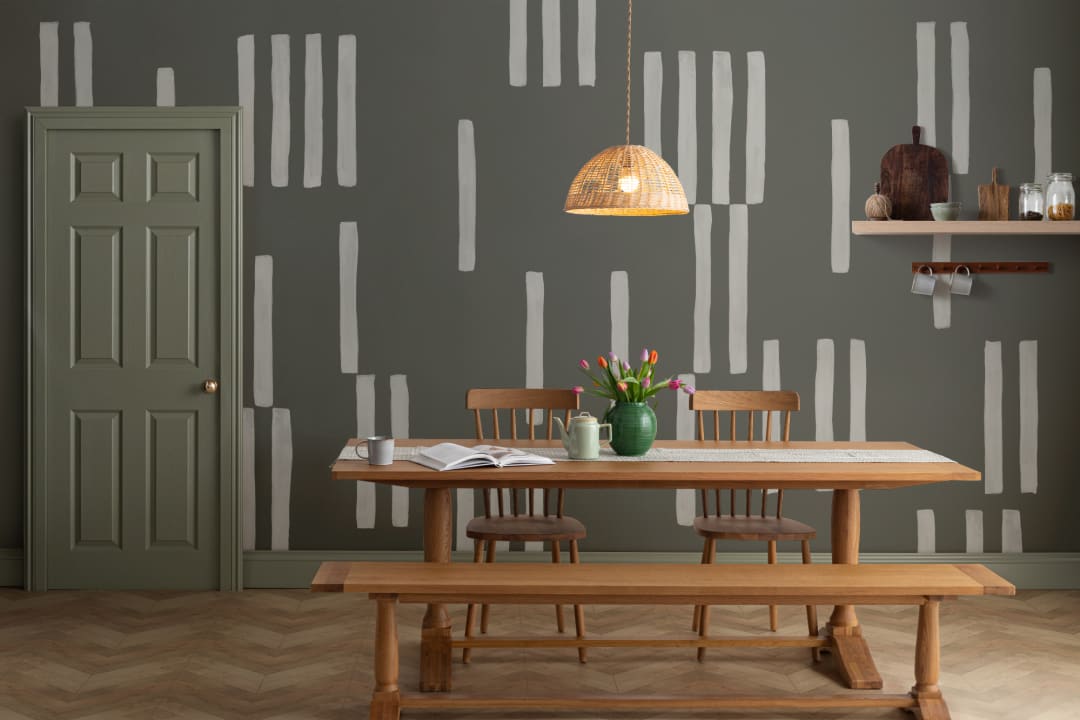 Hand Painted Line Geometric Mural in Moss Green