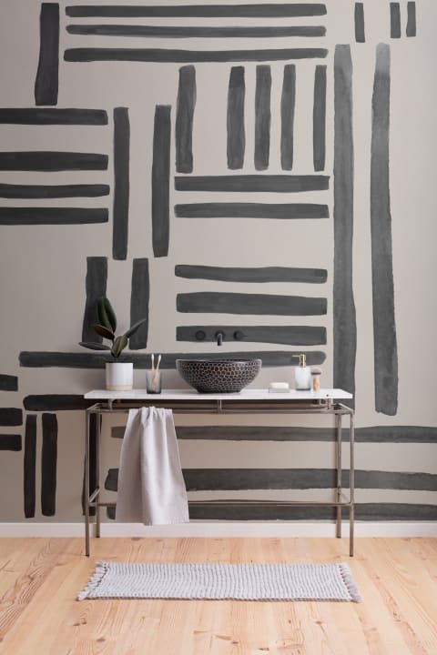 Hand-Painted Geometric Grid Stripe Mural in Black