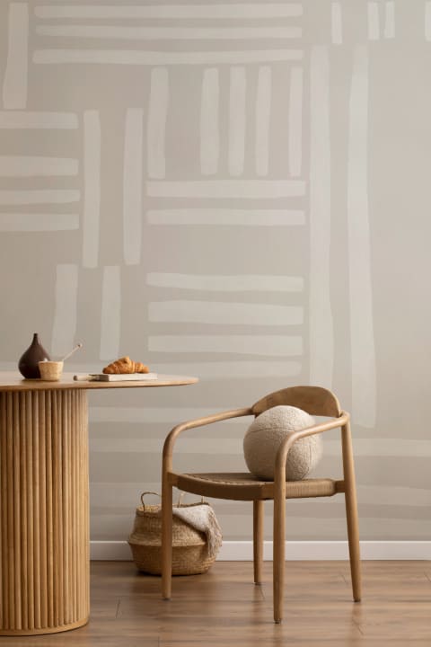 Hand-Painted Geometric Grid Stripe Mural in Beige
