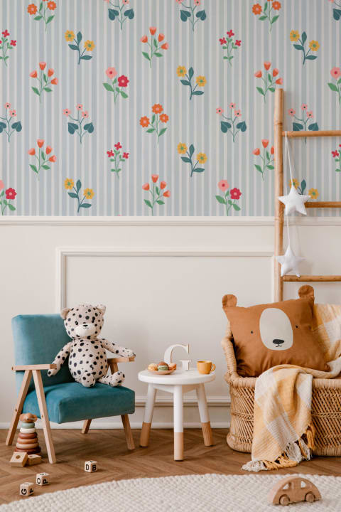 Pastel Floral Bunches Blue Striped Wallpaper