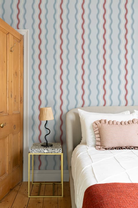 Blue & Red Wavy Ric Rac Striped Wallpaper