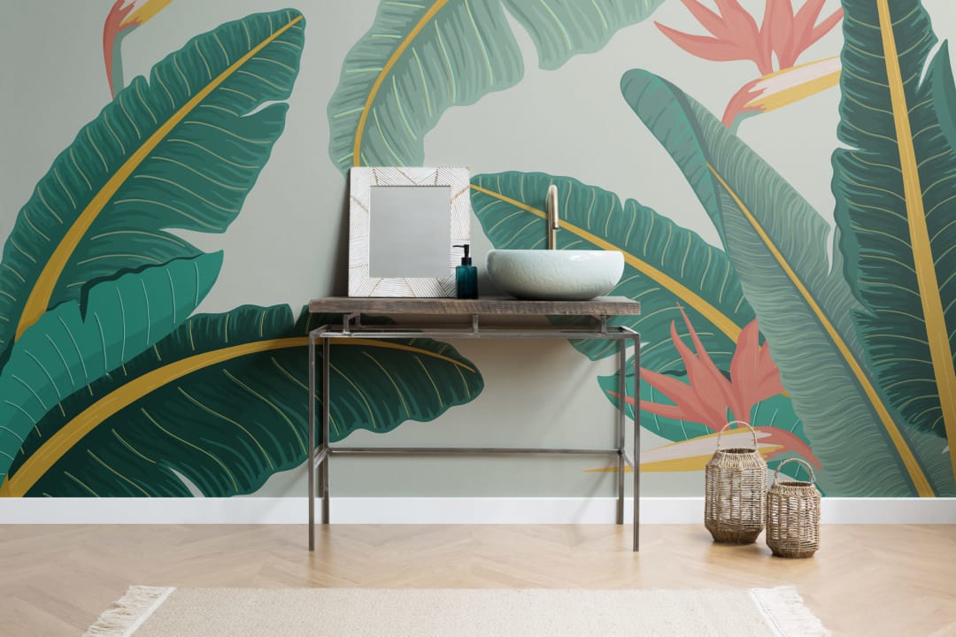 Tropical Green Banana Leaf Bird of Paradise Wallpaper Mural