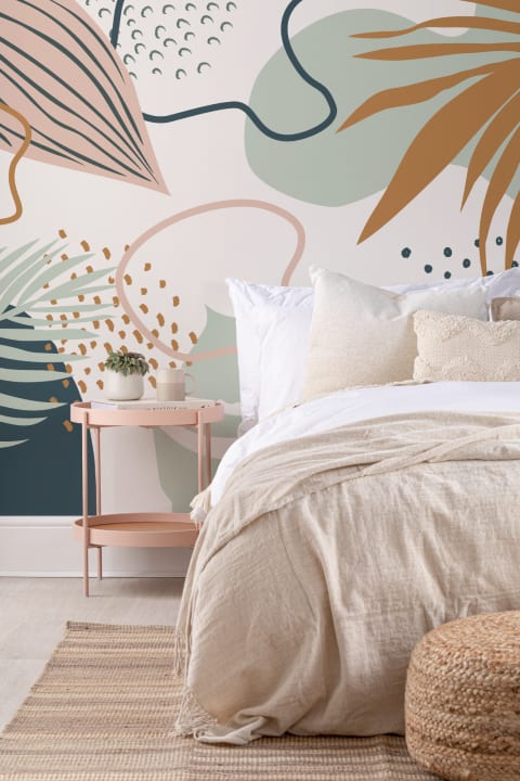 Green & Pink Abstract Tropical Leaf Collage Wallpaper Mural
