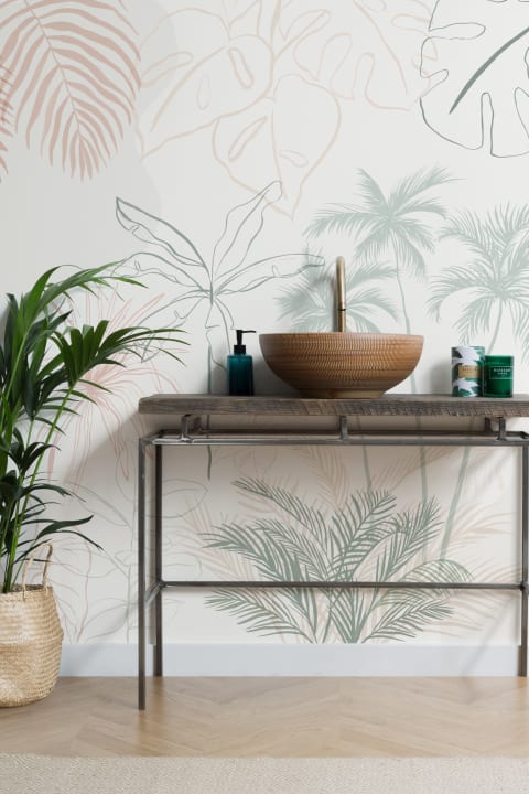 Minimalist Pink & Green Inky Tropical Wallpaper Mural