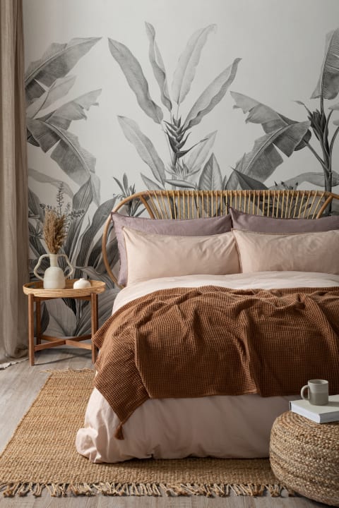 Mural Vintage con Plantas Tropicales Grises