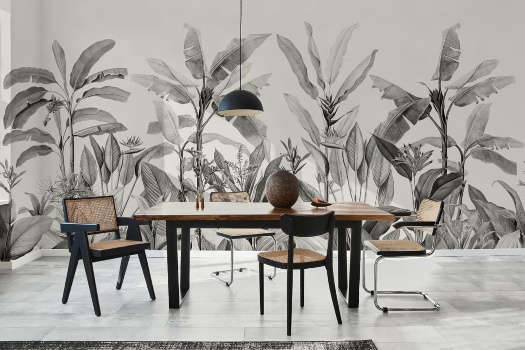 Grayscale Vintage Tropical Plants Wallpaper Mural