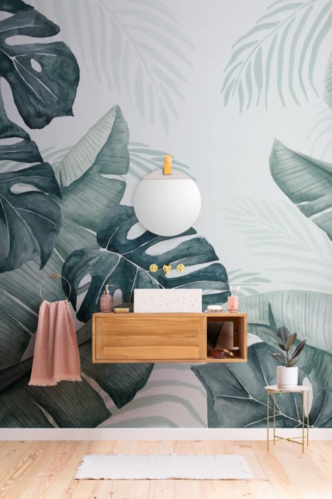 Green and Blue Watercolor Tropical Leaves Wallpaper Mural