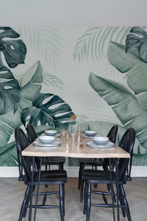 Green and Blue Watercolor Tropical Leaves Wallpaper Mural