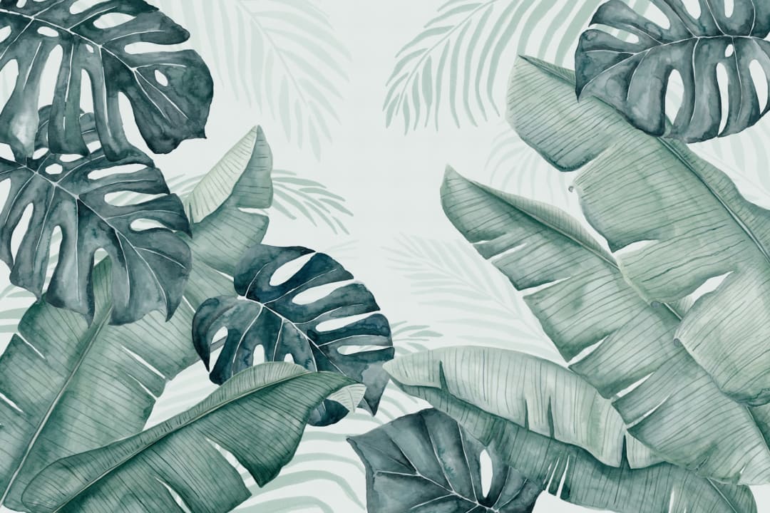 Green and Blue Watercolor Tropical Leaves Wallpaper Mural
