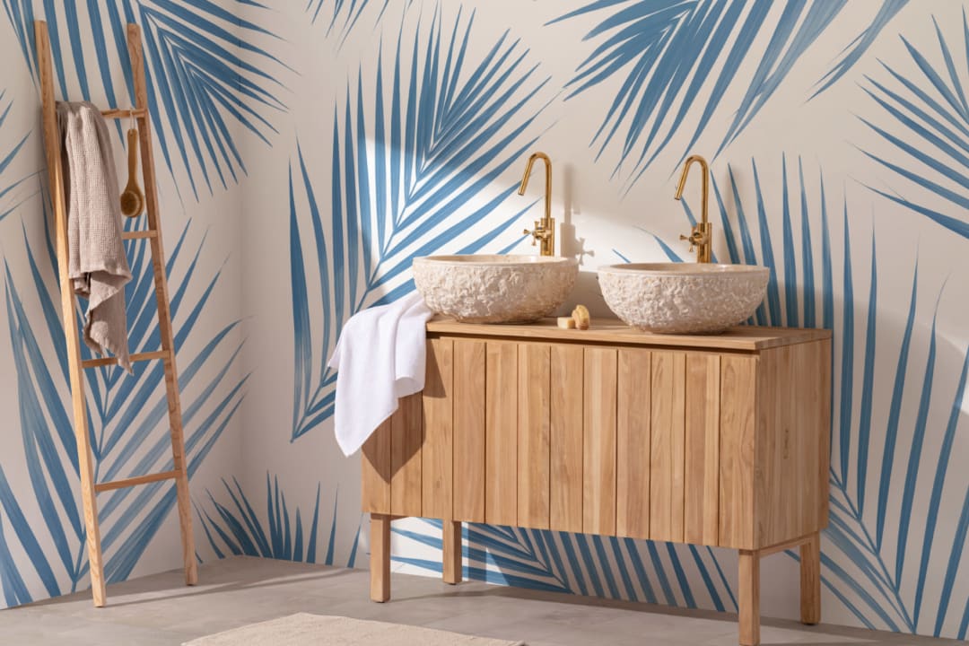 Blue and White Palm Leaf Tropical Wallpaper Mural
