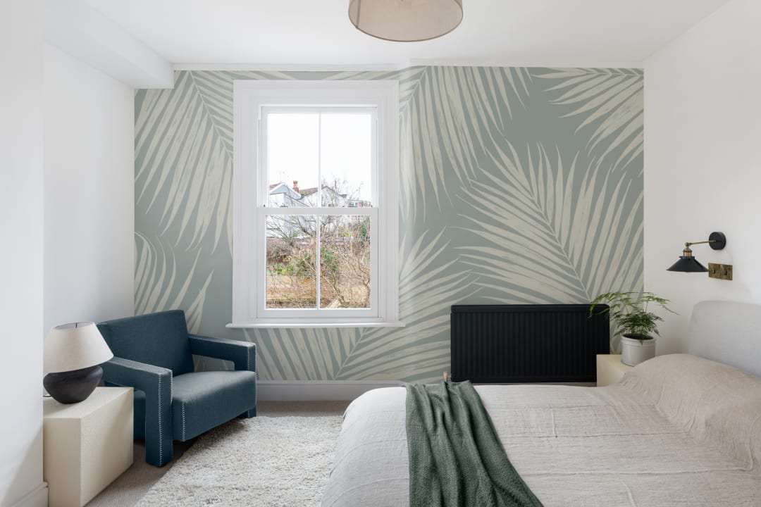 Pale Blue Illustrated Tropical Palm Leaf Wallpaper Mural