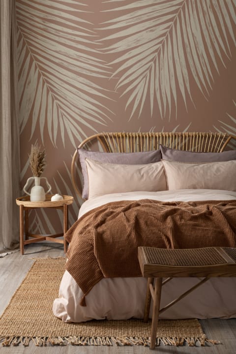 Neutral Terracotta Illustrated Tropical Palm Leaf Wallpaper Mural