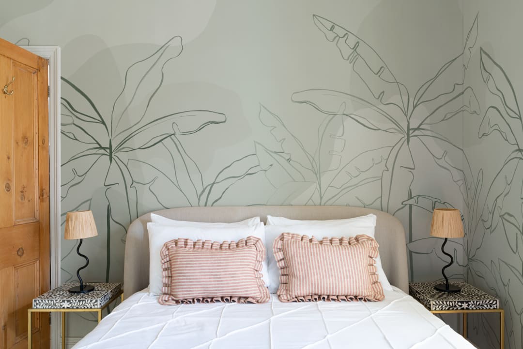 Green Tropical Wall Mural with Inky Banana Leaf Illustration
