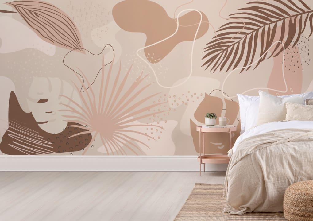 Abstract Tropical Collage Wall Mural in Pink and Warm Neutrals
