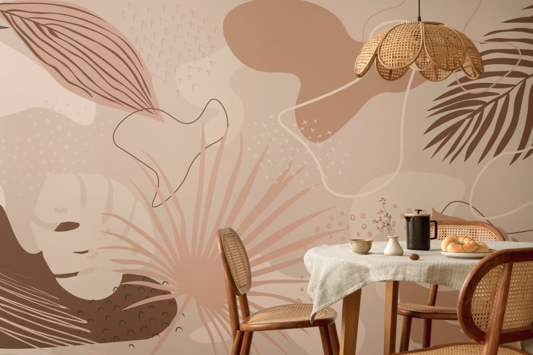 Abstract Tropical Collage Wall Mural in Pink and Warm Neutrals
