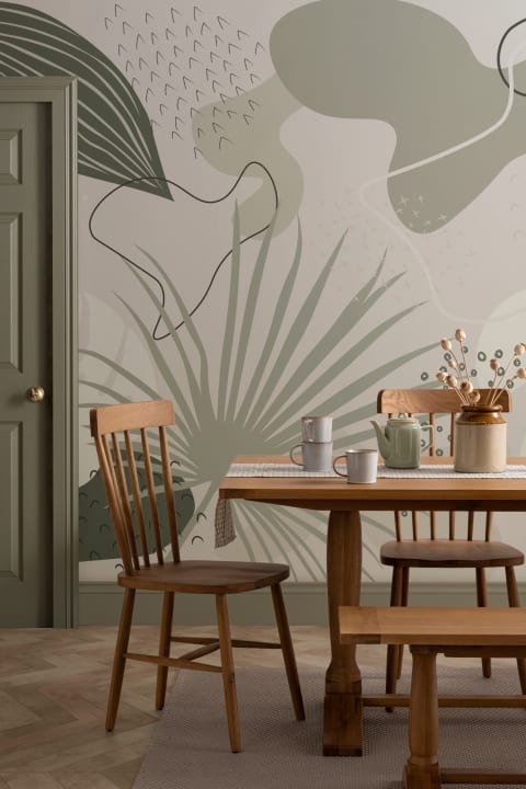 Abstract Tropical Collage Wall Mural in Green and Neutral Tones