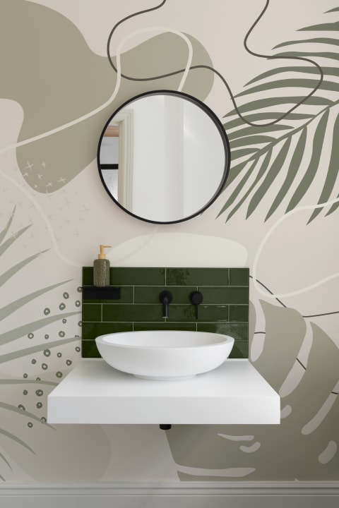 Abstract Tropical Collage Wall Mural in Green and Neutral Tones