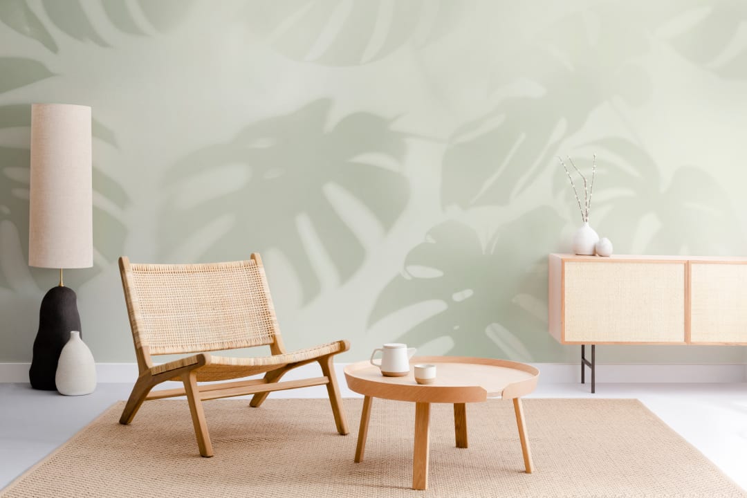 Sage Green Monstera Leaf Shadow Mural