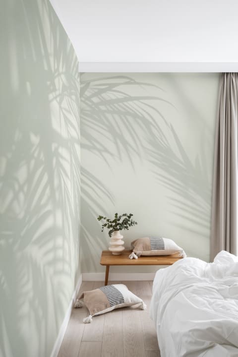 Mural de papel pintado con sombra de hoja de palmera verde claro