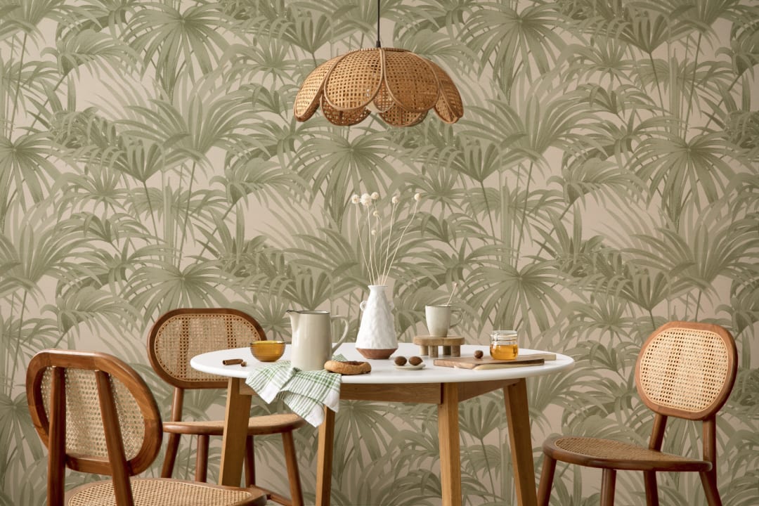 Bower Brown Vintage Palm Botanical Wallpaper in Green and Neutral Tones
