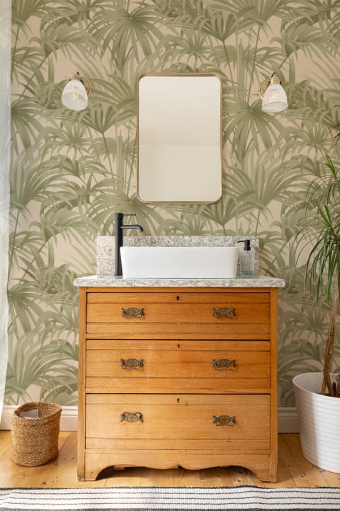 Bower Brown Vintage Palm Botanical Wallpaper in Green and Neutral Tones