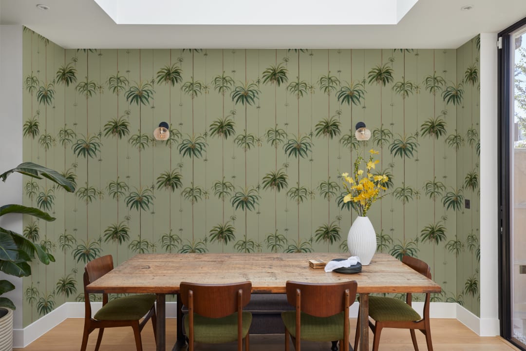 Sage Striped Tropical Palms Wallpaper