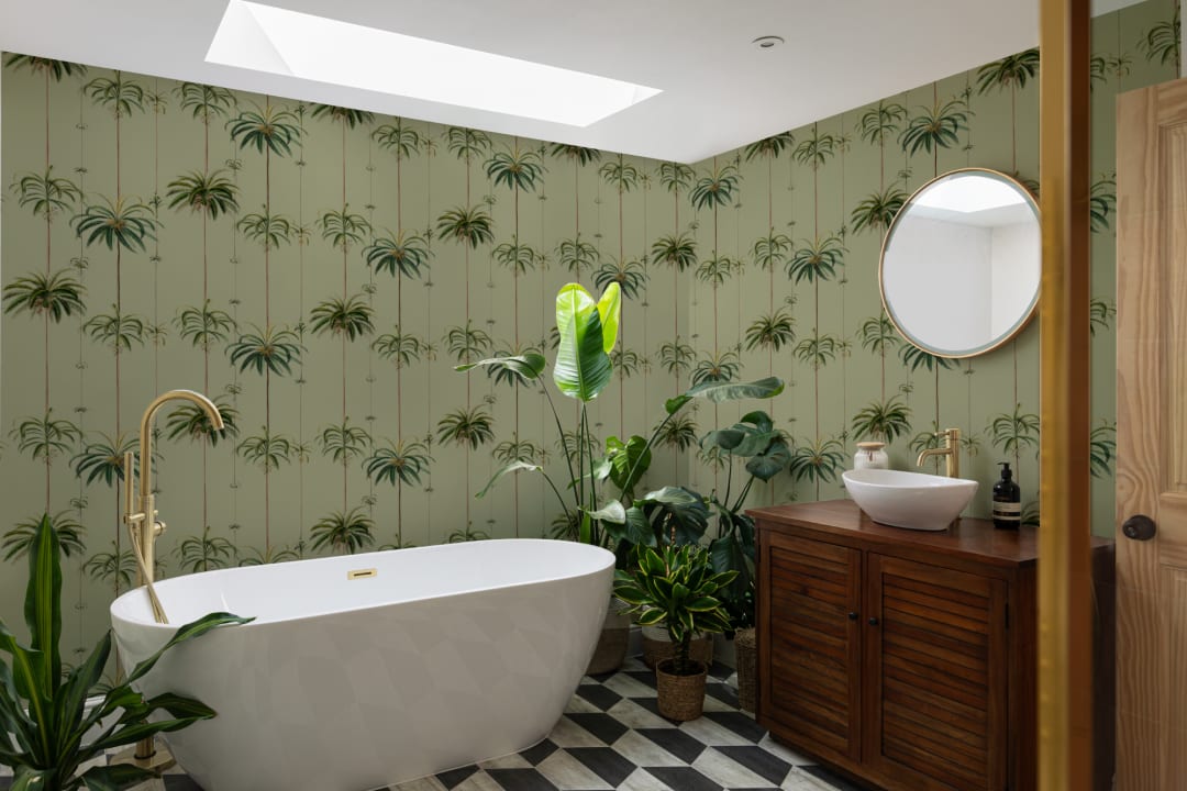 Sage Striped Tropical Palms Wallpaper