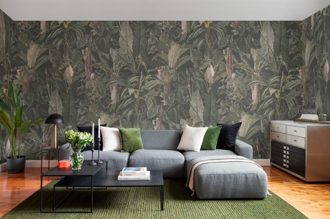 Green Tropical Illustrated Leafy Plants Mural